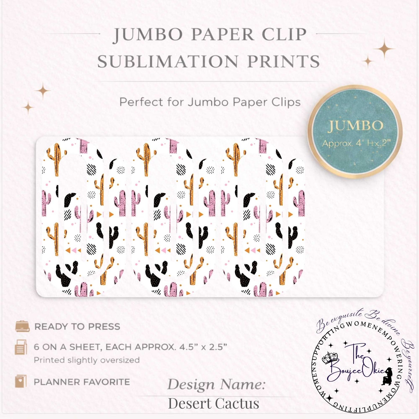 Desert Cactus Jumbo Paper Clip Sublimation Prints – 8.5” x 11” Sheet (6 Per Page, 4.5” x 2.5”) Premium Quality Transfers