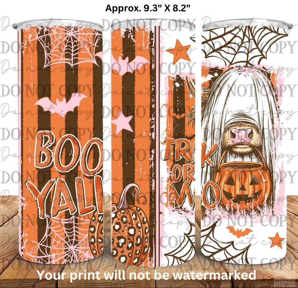 Three views of a Halloween-themed tumbler with a printed design showing orange and brown stripes, spiderwebs, bats, pumpkins, stars, and a spooky face ghost highland cow holding a jack-o'-lantern.