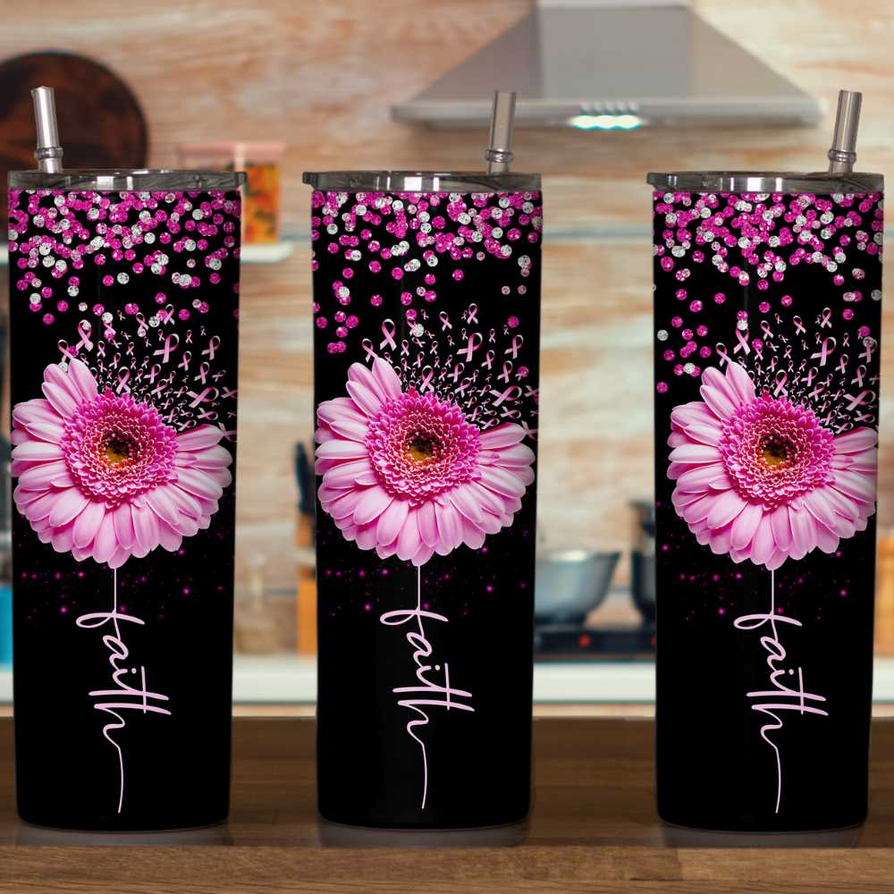 Pink Faith Flower Breast Cancer Awareness Skinny Tumbler Sublimation Print
