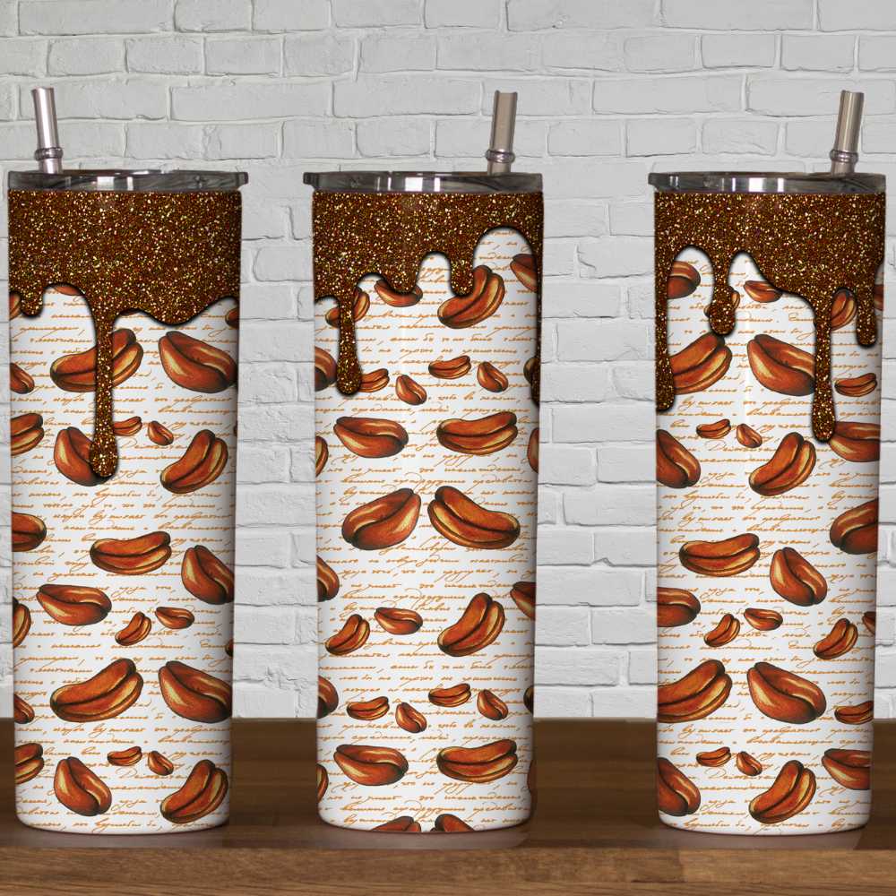 Glitter Drip Coffee Beans Skinny Tumbler Sublimation Print