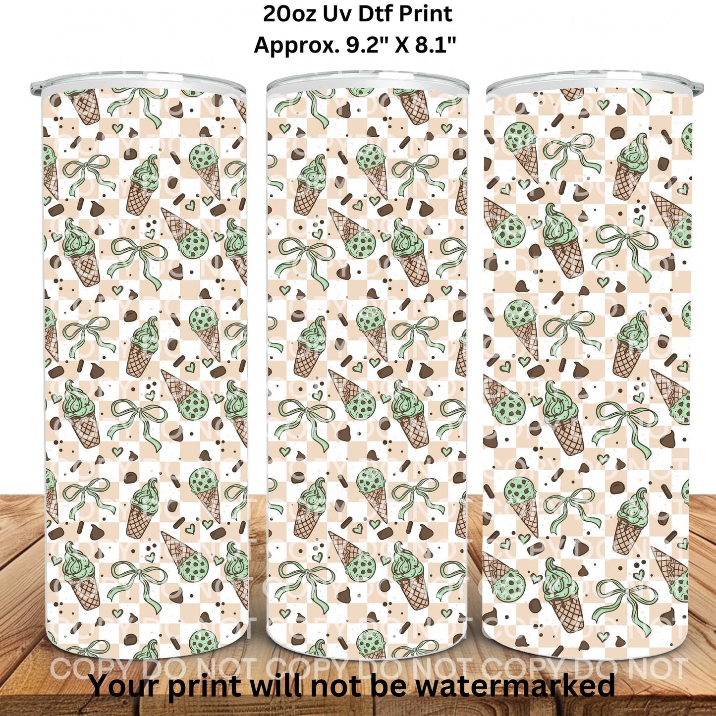 Mint Chocolate Chip Ice Cream Cones 20oz Skinny Tumbler Sublimation Print