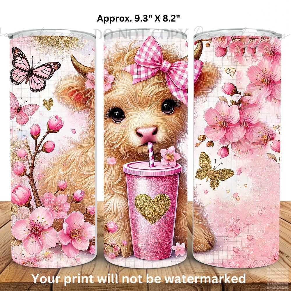 20oz Pretty In Pink HIghland Cow Skinny Tumbler Sublimation Print