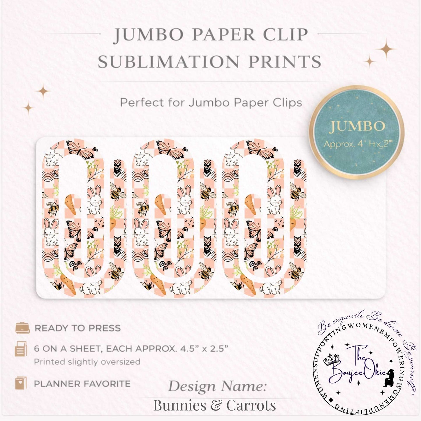 Bunnies & Carrots Jumbo Paper Clip Sublimation Prints – 8.5” x 11” Sheet (6 Per Page, 4.5” x 2.5”) Premium Quality Transfers