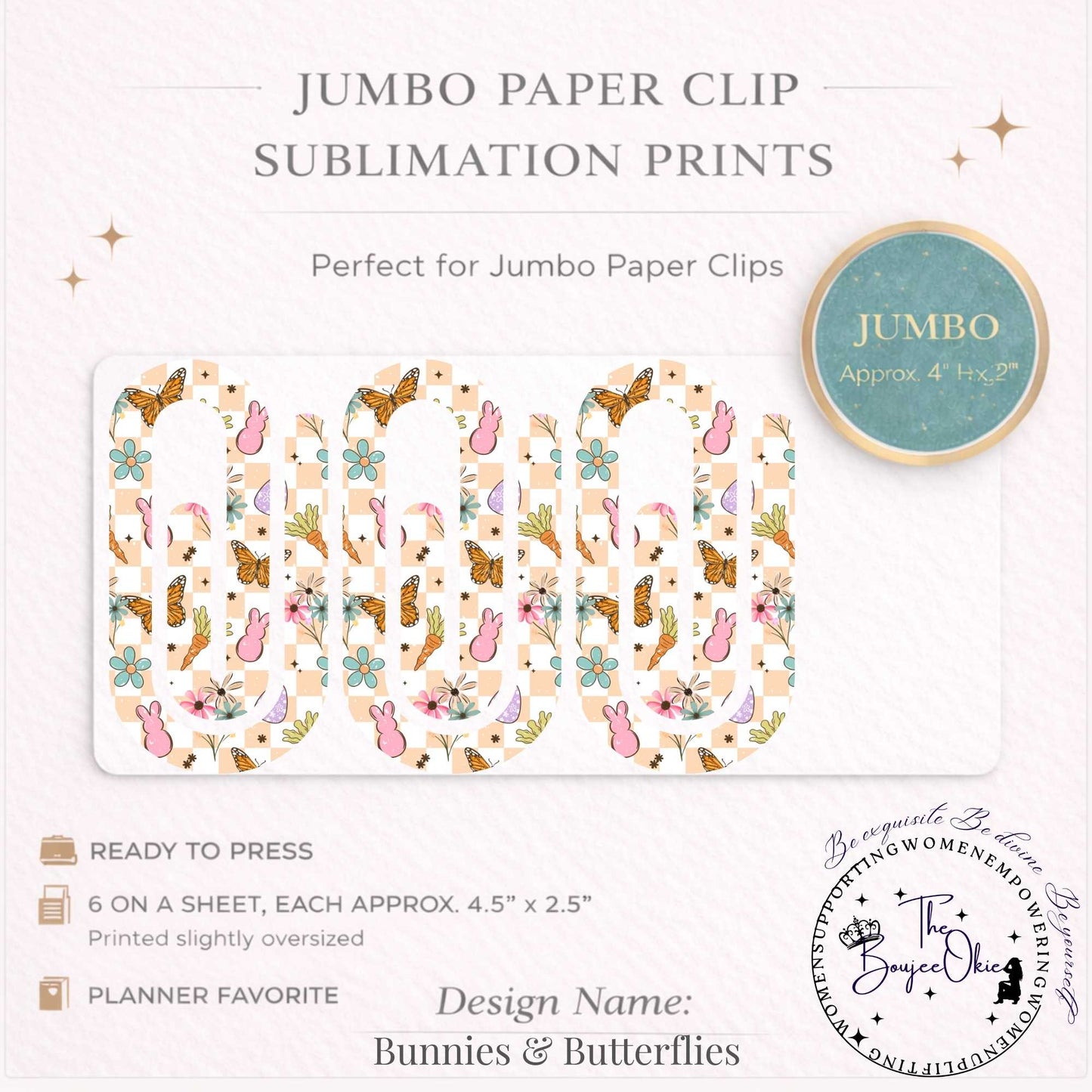 Bunnies & Butterflies Jumbo Paper Clip Sublimation Prints – 8.5” x 11” Sheet (6 Per Page, 4.5” x 2.5”) Premium Quality Transfers