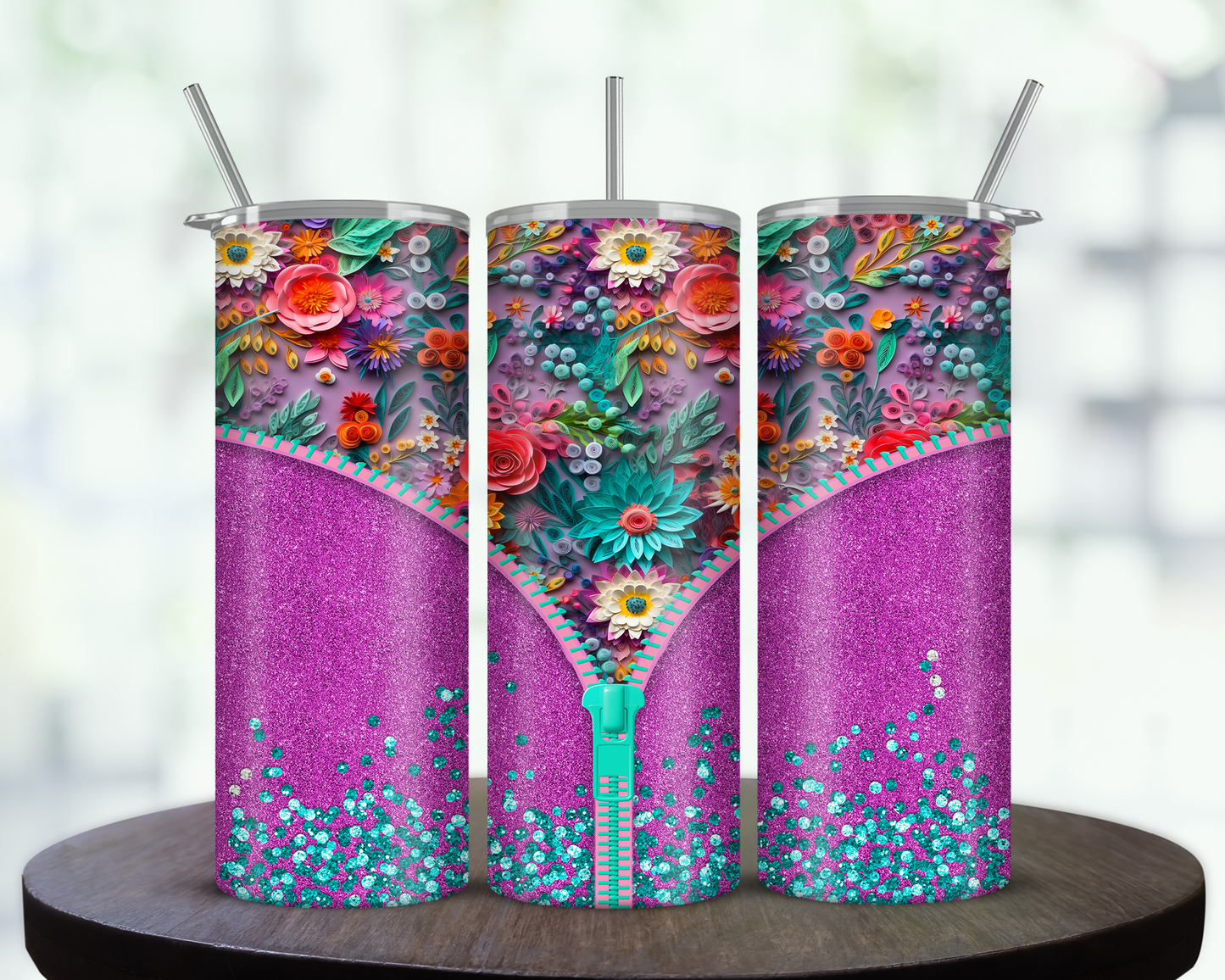 Floral Glitter Zipper 20oz Skinny Tumbler Sublimation Print