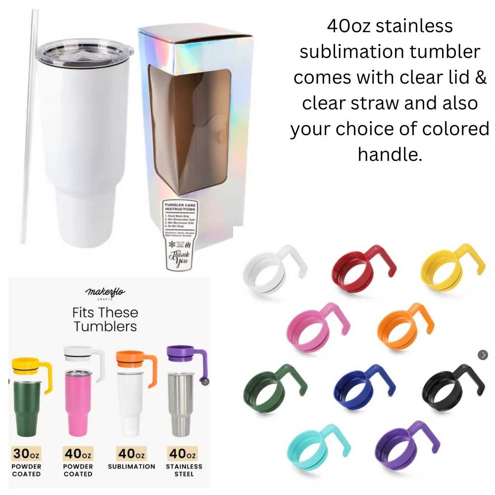 40oz Stainless Sublimation Tumbler With Clear Lid & Colored Handle
