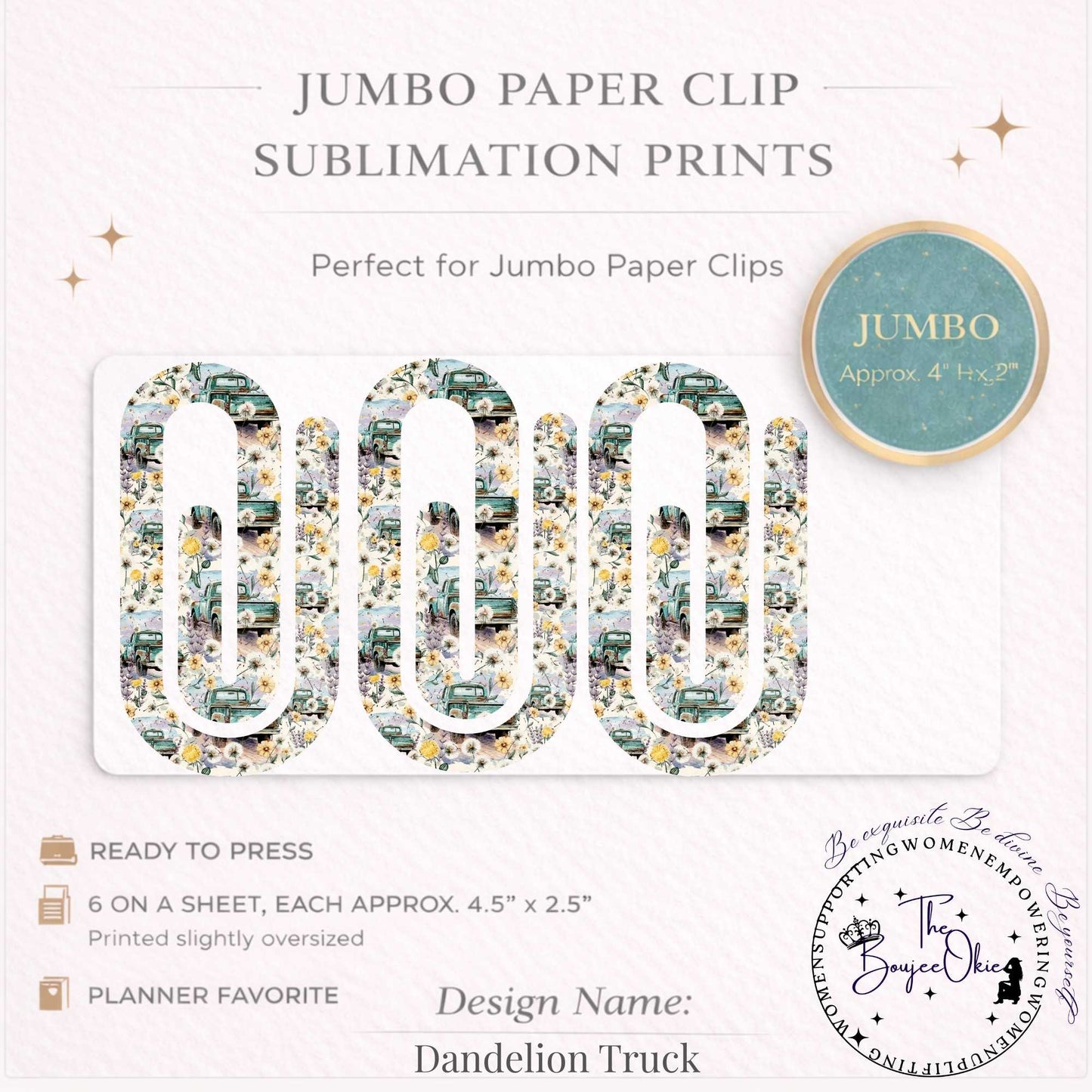 Dandelion Truck Jumbo Paper Clip Sublimation Prints – 8.5” x 11” Sheet (6 Per Page, 4.5” x 2.5”) Premium Quality Transfers