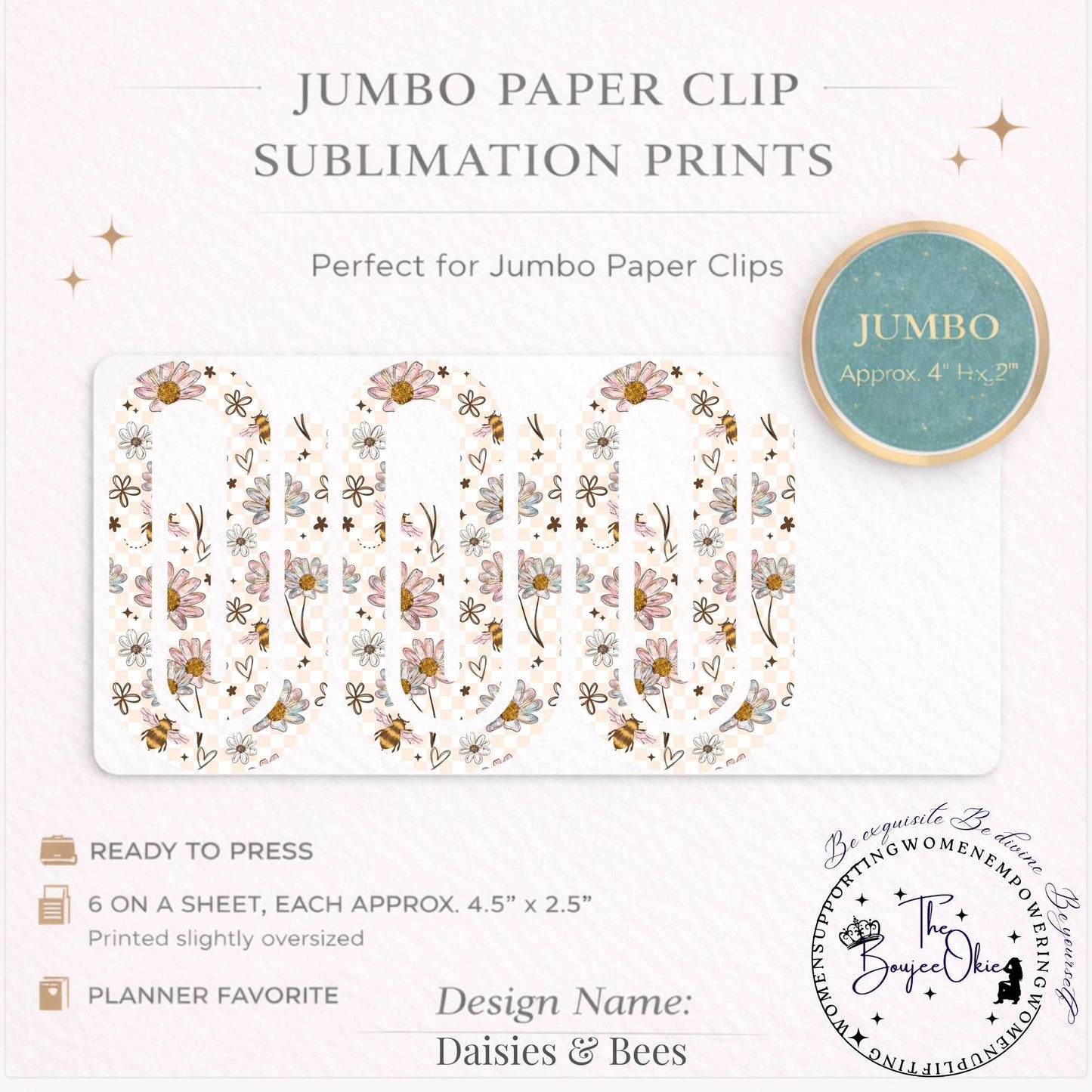 Daisies & Bees Jumbo Paper Clip Sublimation Prints – 8.5” x 11” Sheet (6 Per Page, 4.5” x 2.5”) Premium Quality Transfers