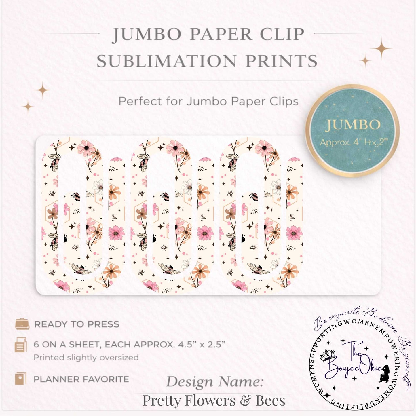 Pretty Flowers & Bees Jumbo Paper Clip Sublimation Prints – 8.5” x 11” Sheet (6 Per Page, 4.5” x 2.5”) Premium Quality Transfers