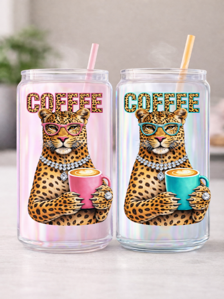 Boujee Coffee Leopard Uv Dtf Decal Choice Of Pink Or Teal