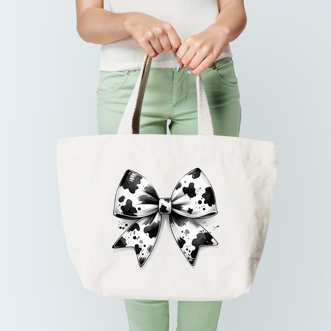 Cow Print Black & White Bow Tote Bag Sublimation Print Version 2