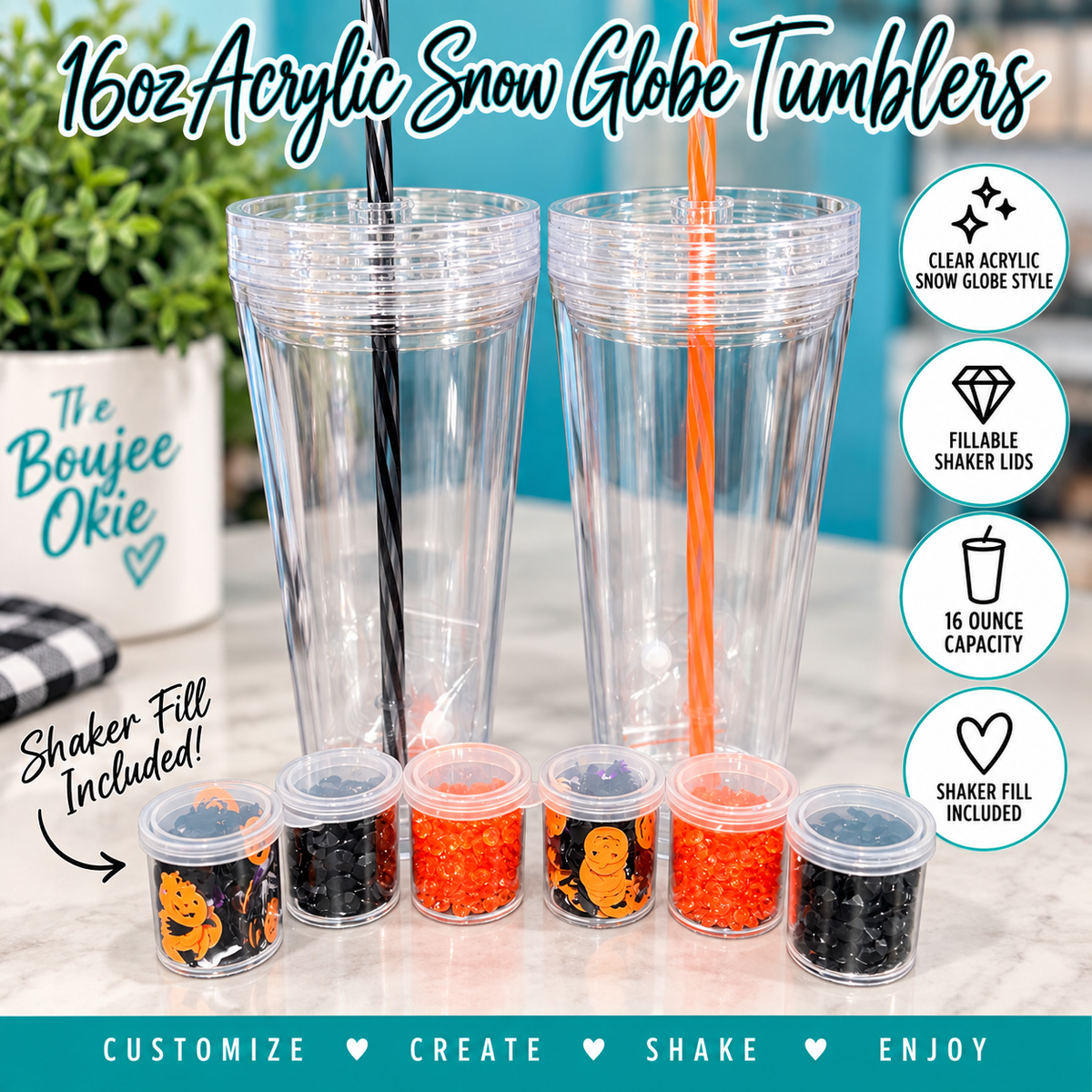 16oz Acrylic Snow Globe Tumbler Set with Fillable Shaker Lids & Halloween Shaker Fill – 2 Pack