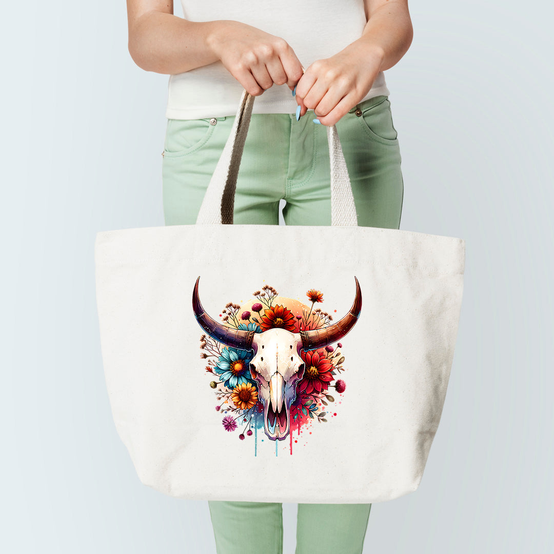 Floral Bull Skull Tote Bag Sublimation Print Version 3