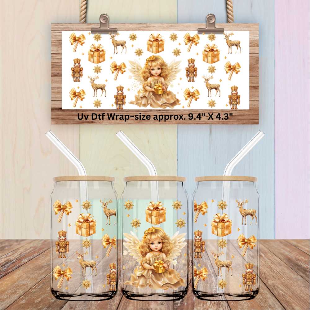 Golden Christmas Angel Uv Dtf wrap Double sided