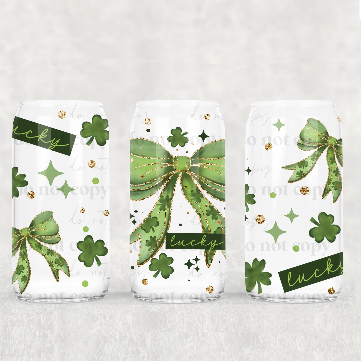 St Patrick's Day Lucky Coquette Bows UV DTF Double-Sided Wrap – 16oz Glass Can & Tumbler Design