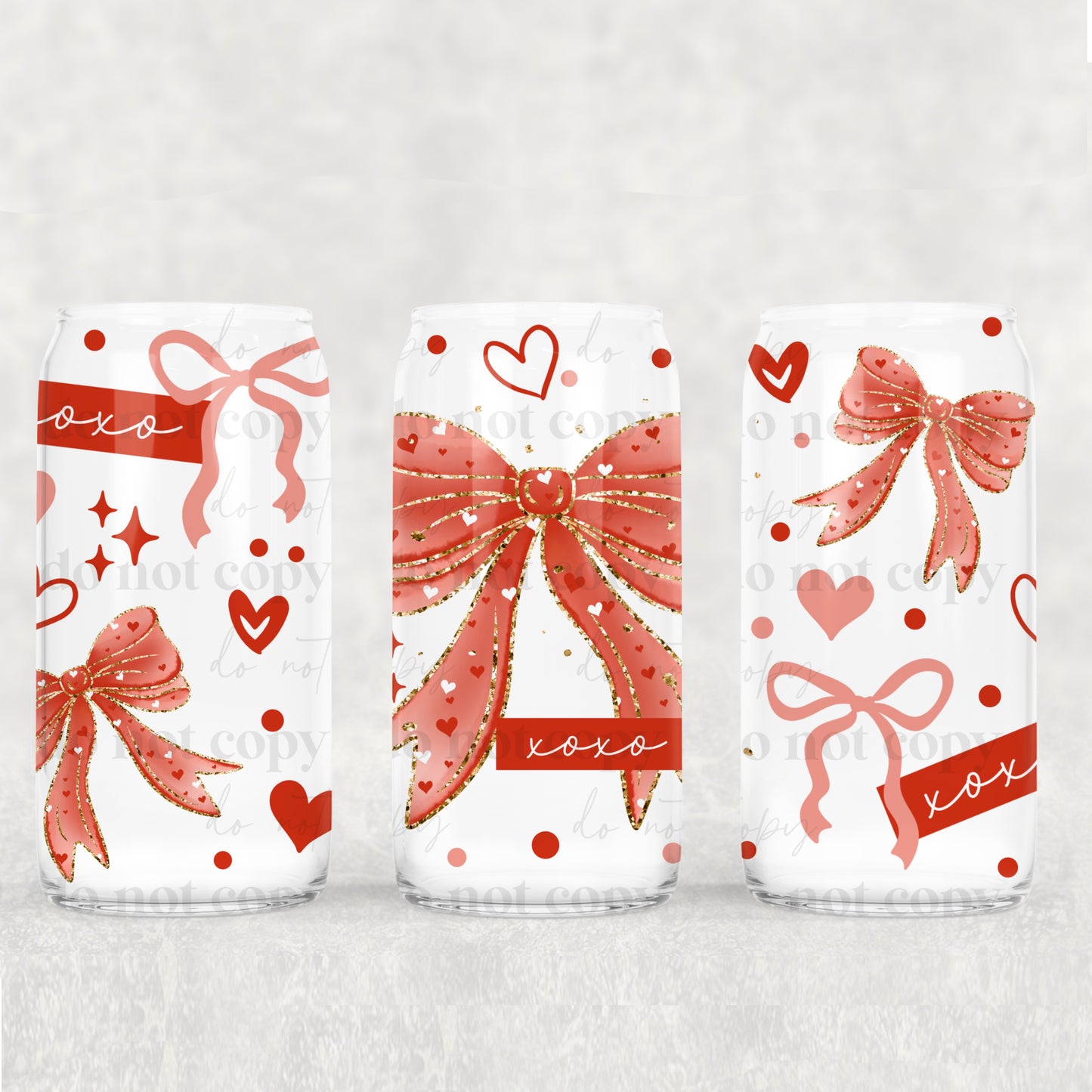 Valentine Coquette Bows Hearts UV DTF Double-Sided Wrap – 16oz Glass Can & Tumbler Design