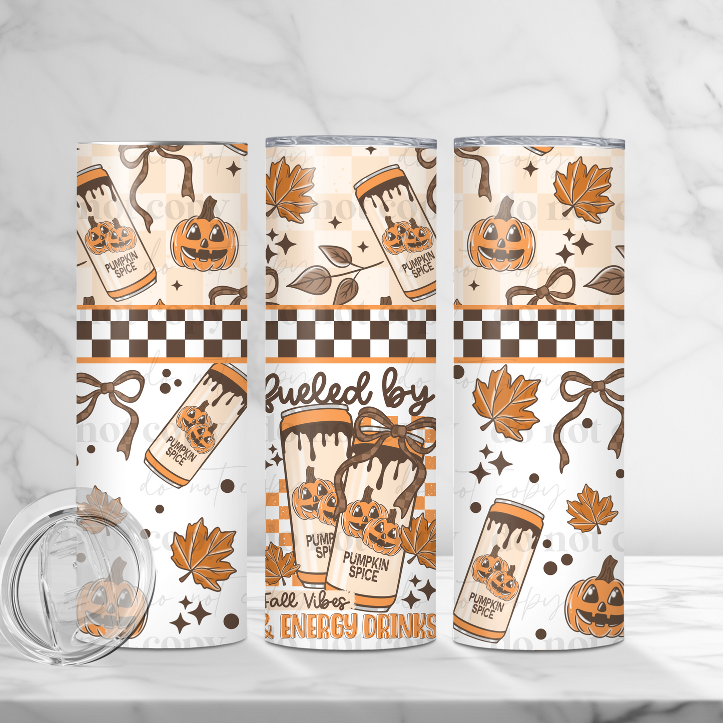 Fueled By Fall Vibes & Energy Drinks 20oz Skinny Tumbler Sublimation Print