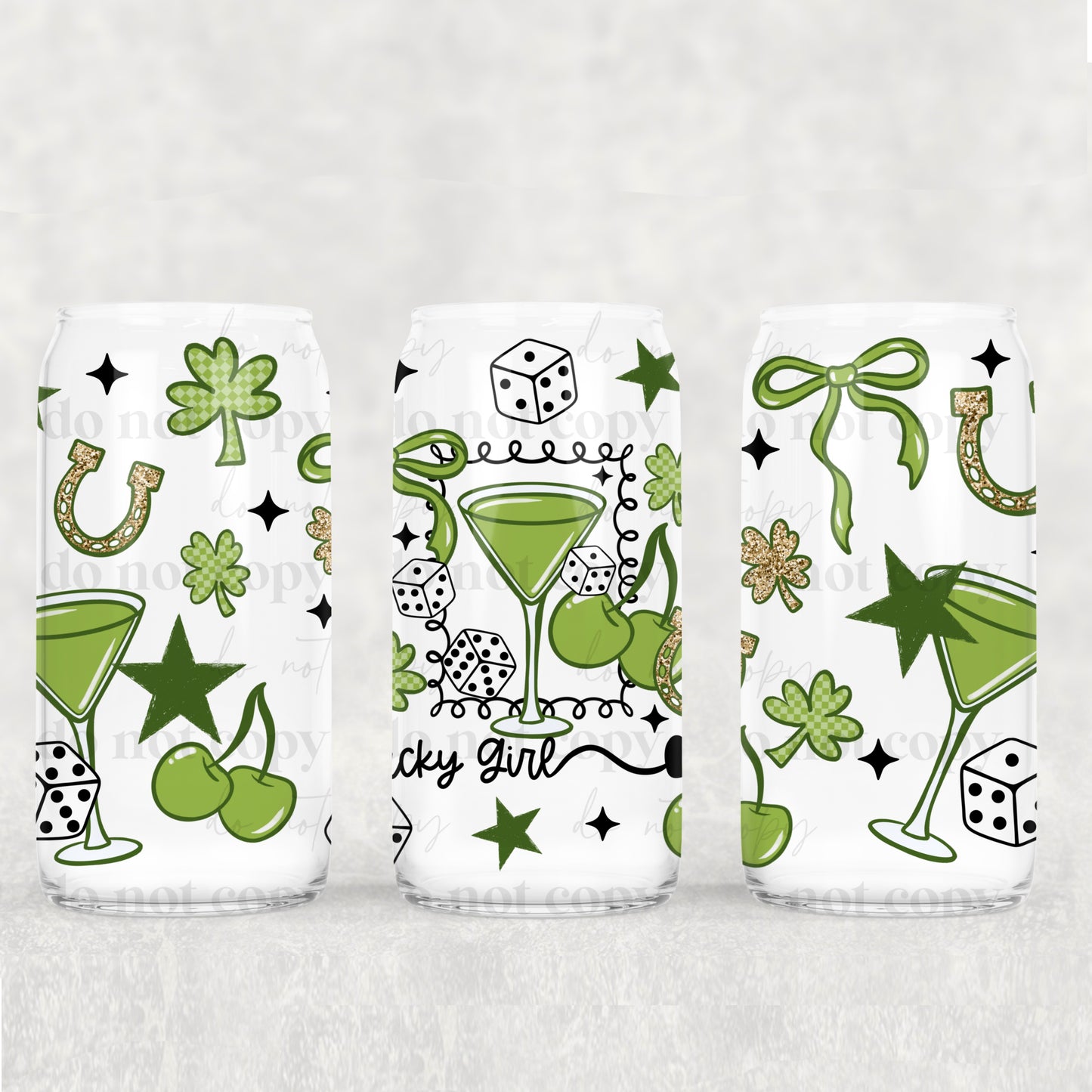 St Patrick's Day Lucky Girl Martini UV DTF Double-Sided Wrap – 16oz Glass Can & Tumbler Design