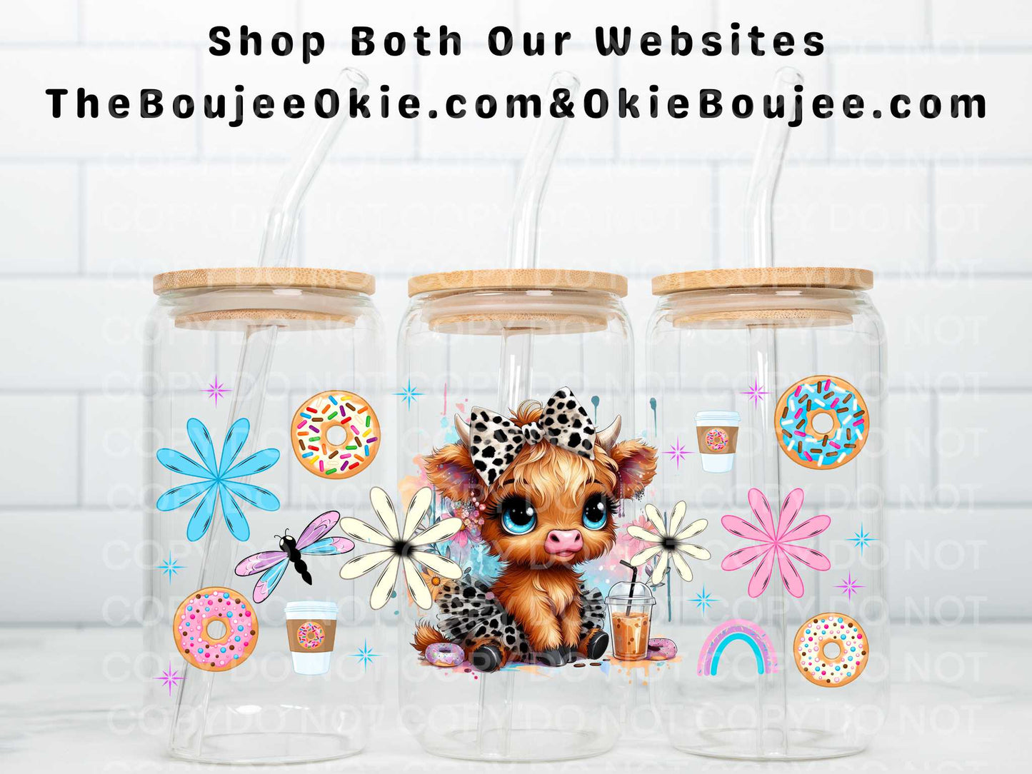Baby Highland Cow Donuts & Coffee Double Sided Uv Dtf Wrap
