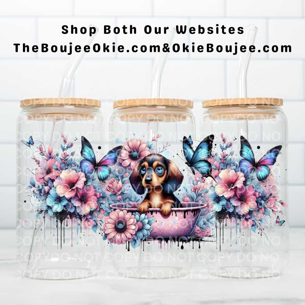 Bathtime Dachshund Puppy UV DTF Double-Sided Wrap – 16oz Glass Can & Tumbler Design