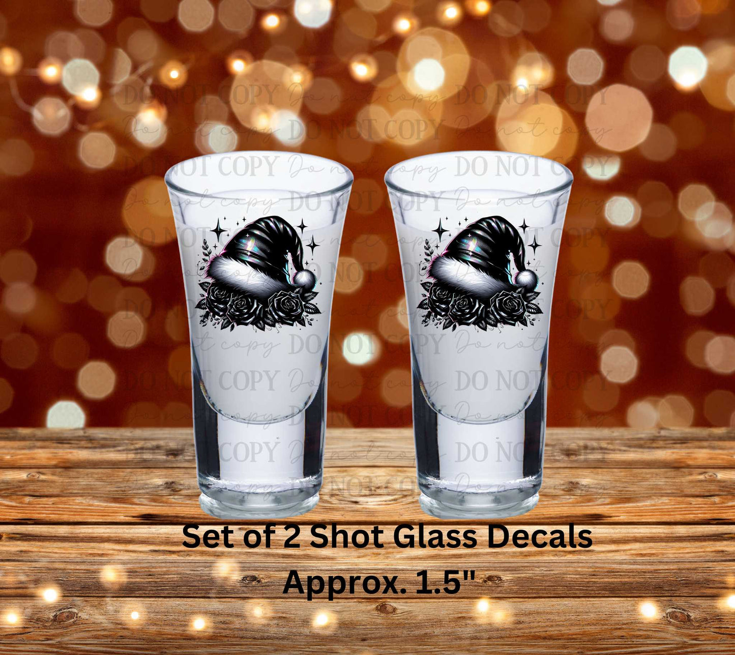 Black Santa Hat & Black Roses Uv Dtf Decal Set of 2 Shot Glass Decal Double Sided