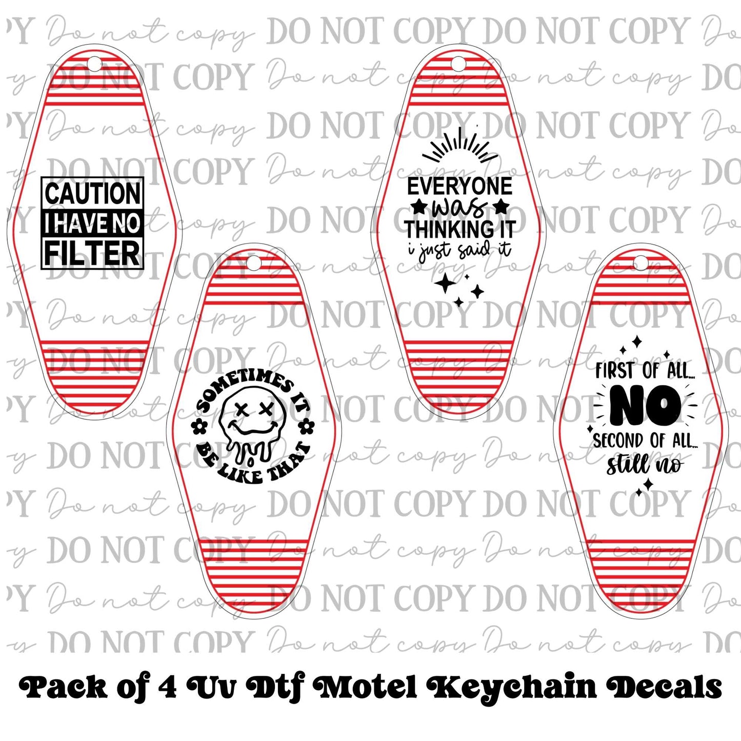 Funny & Sarcastic Motel Keychain UV DTF Decal Set – Pack of 4