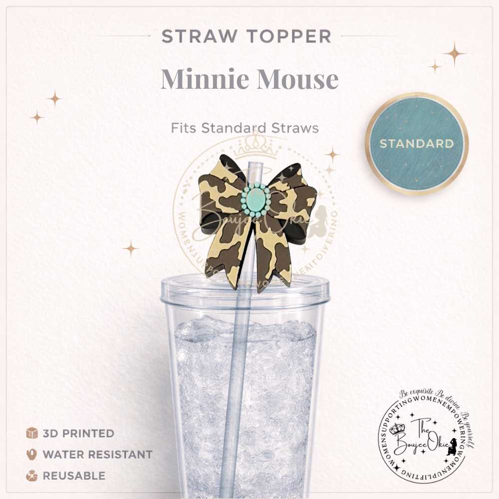 Cow Print Bow With Turquoise Straw Topper For Standard or Stanley Sized Straws