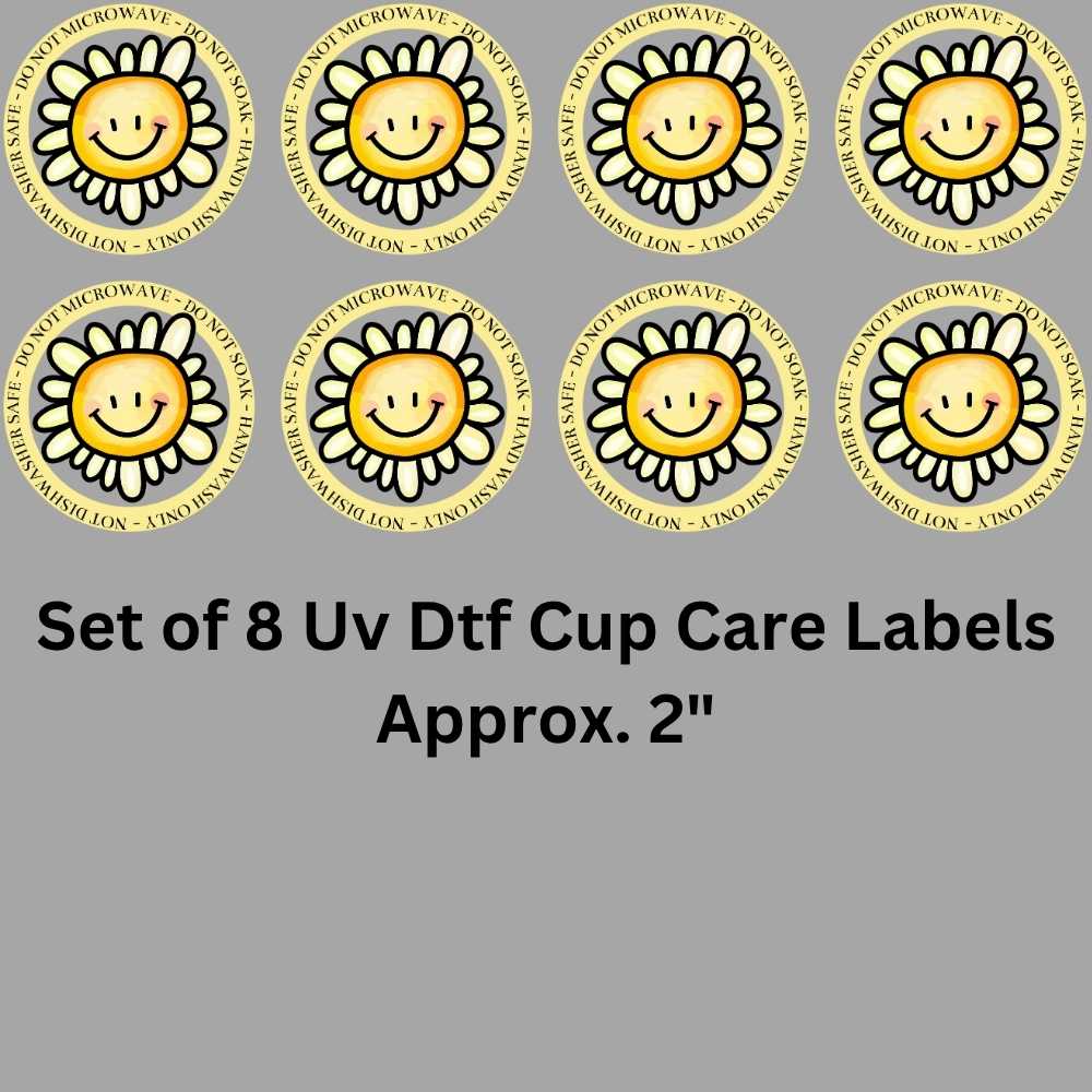 Smiling Sun Flower Cup Care Labels Set of 8 Uv Dtf Decals