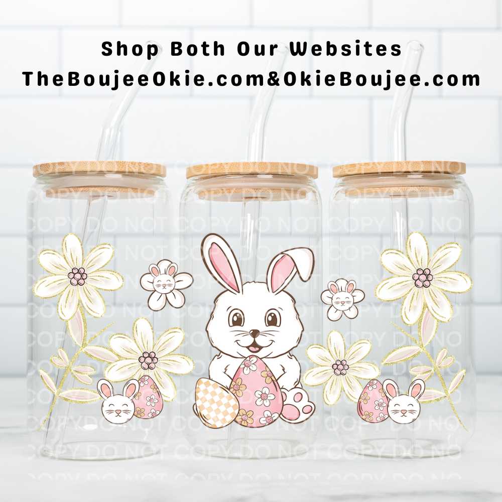 Easter Bunny Light Florals UV DTF Double-Sided Wrap – 16oz Glass Can & Tumbler Design