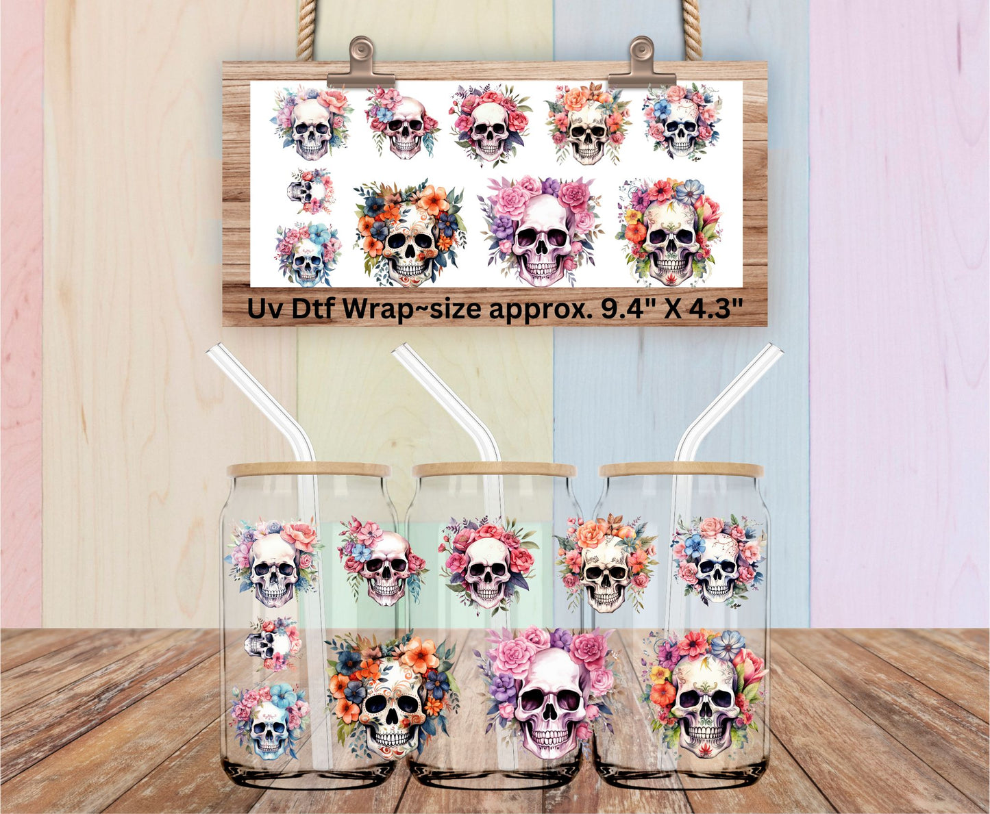 Uv Dtf Elements Sheet or Wrap ~Floral Skull Clipart Elements