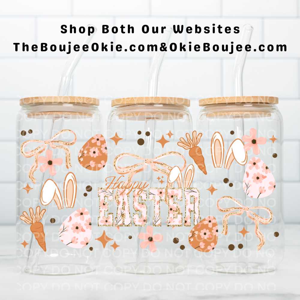 Happy Easter UV DTF Double-Sided Wrap – 16oz Glass Can & Tumbler Design