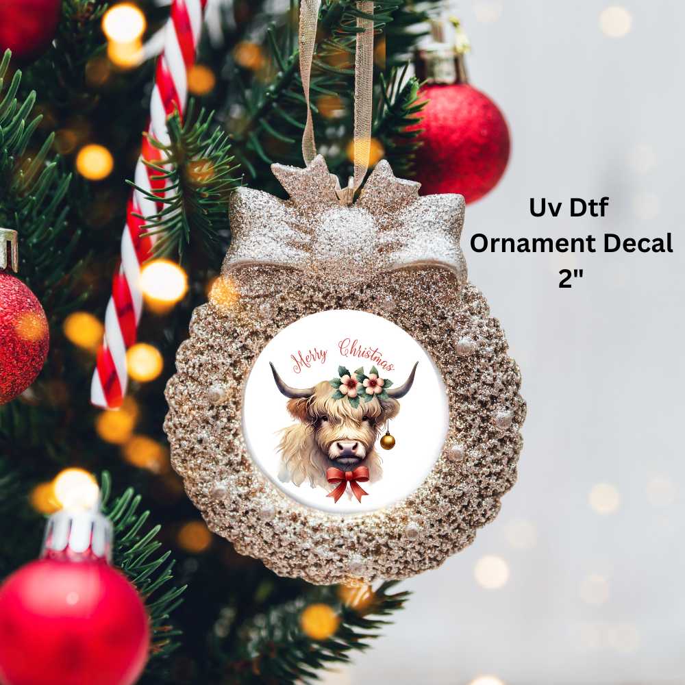 Merry Christmas Highland Cow Ornament or Magnet UV DTF Decal