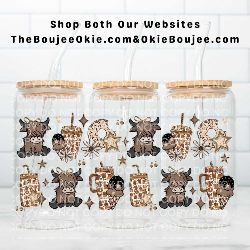 Coffees Donuts Ice Cream & Highland Cows Uv Dtf Wrap Double Sided