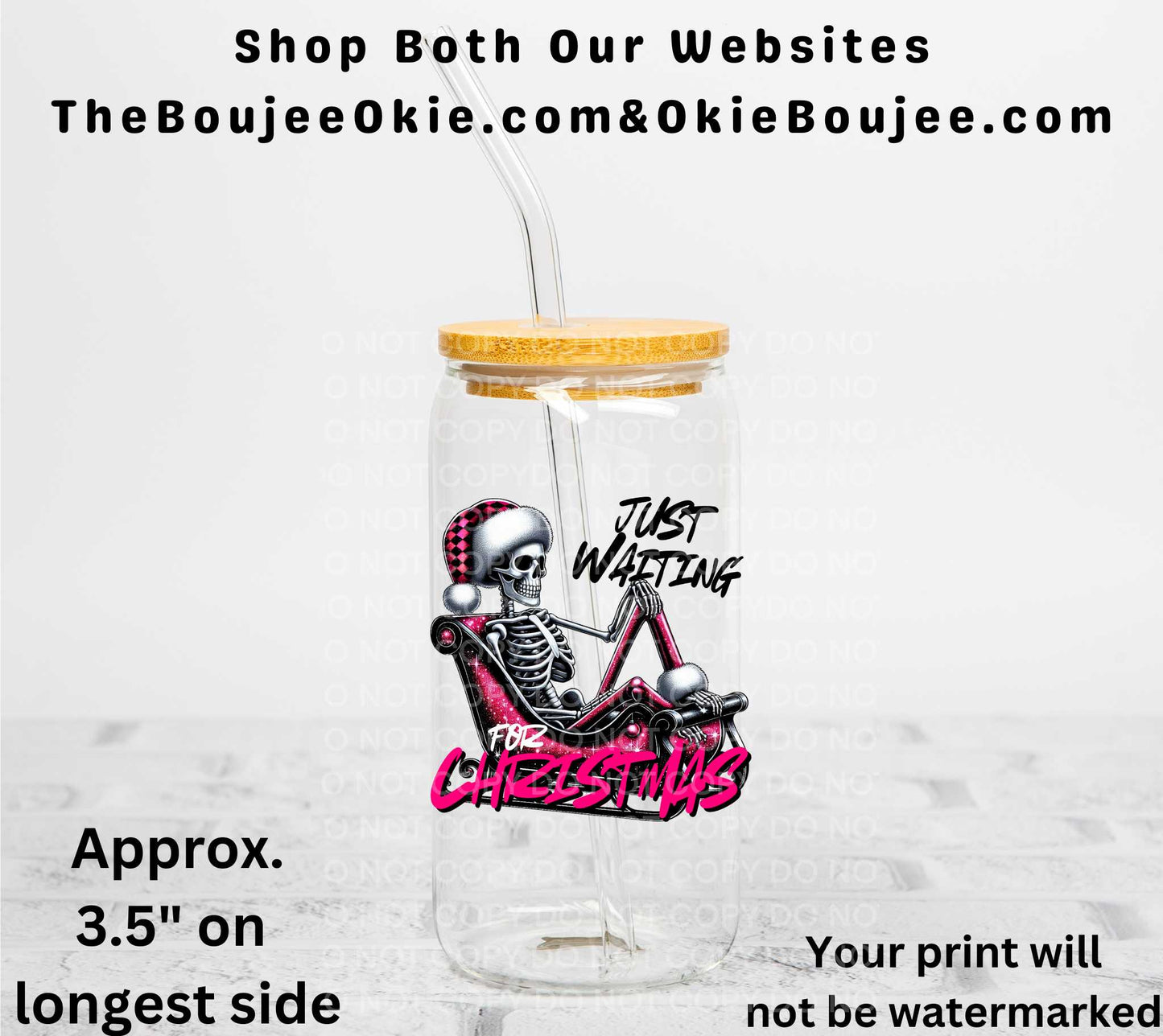 Just Waiting For Christmas Sledding Skeleton UV DTF Decal Double Sided