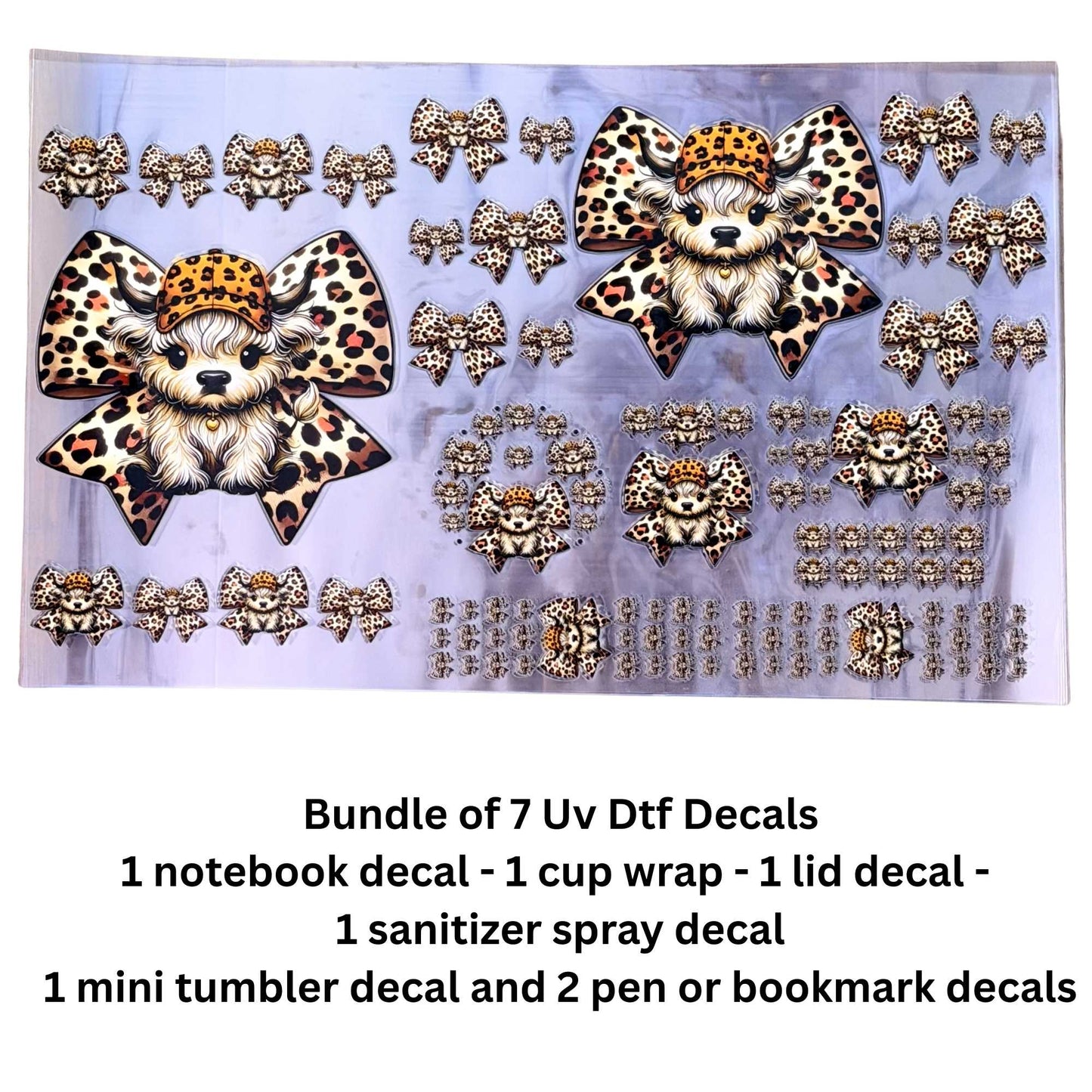Leopard Bows Highland Cows 7-Piece UV DTF Decal Bundle – Cup Wrap, Notebook, Lid, Keychain & Pen Decals – Single-Sided Peel & Stick Hard Surface Transfers