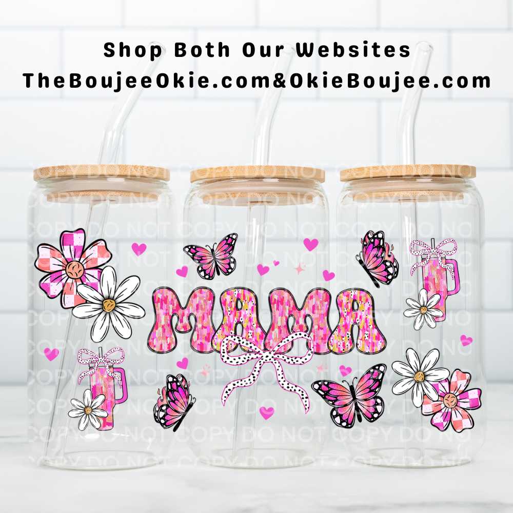 Mama Pink Butterflies UV DTF Double-Sided Wrap – 16oz Glass Can & Tumbler Design