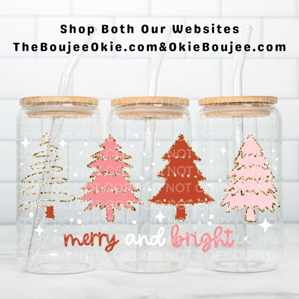 Merry And Bright Christmas Trees Pink Red Gold Uv Dtf Wrap