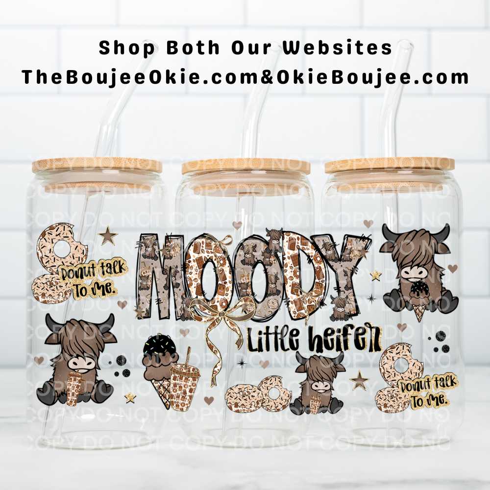 Moody Little Heifer UV DTF Double-Sided Wrap – 16oz Glass Can & Tumbler Design