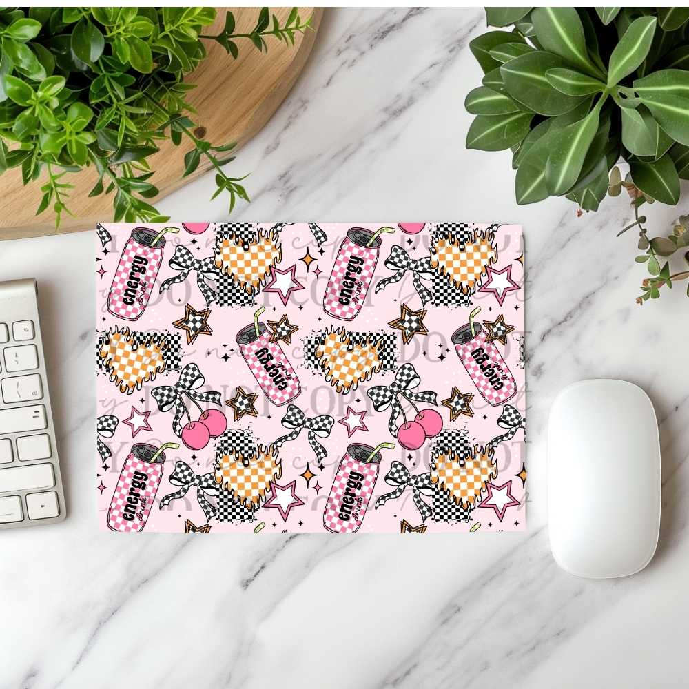 Checkered Energy Drinks & Bows Mousepad Sublimation Print