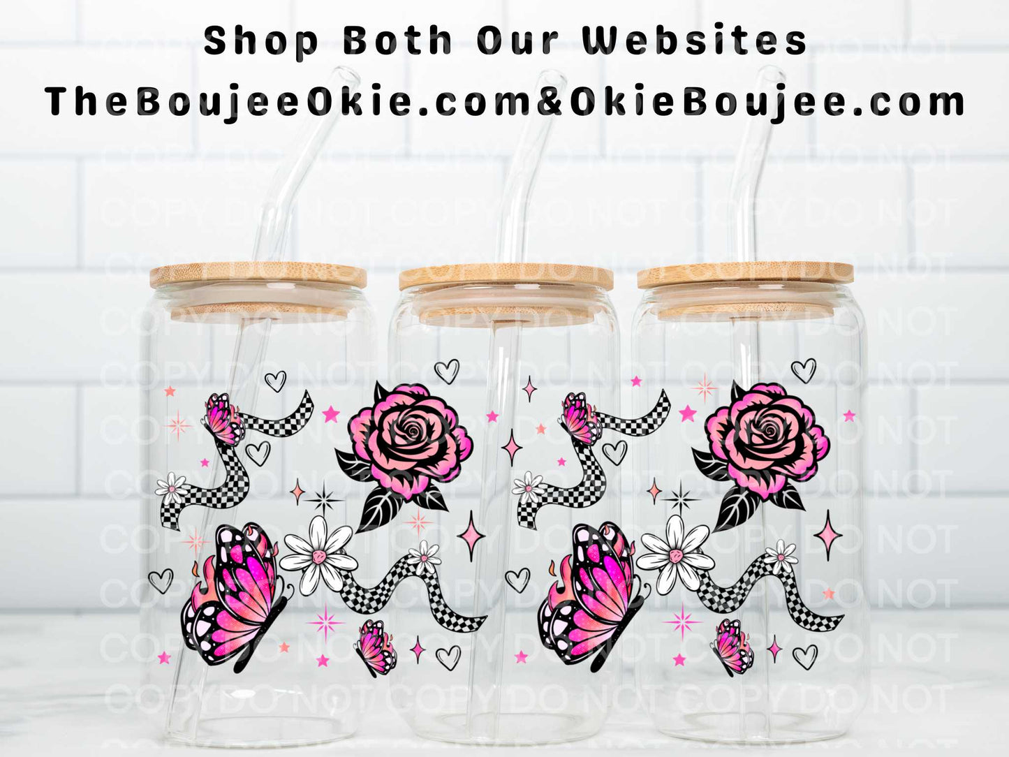 Neon Pink Roses & Butterflies Double Sided Uv Dtf Wrap