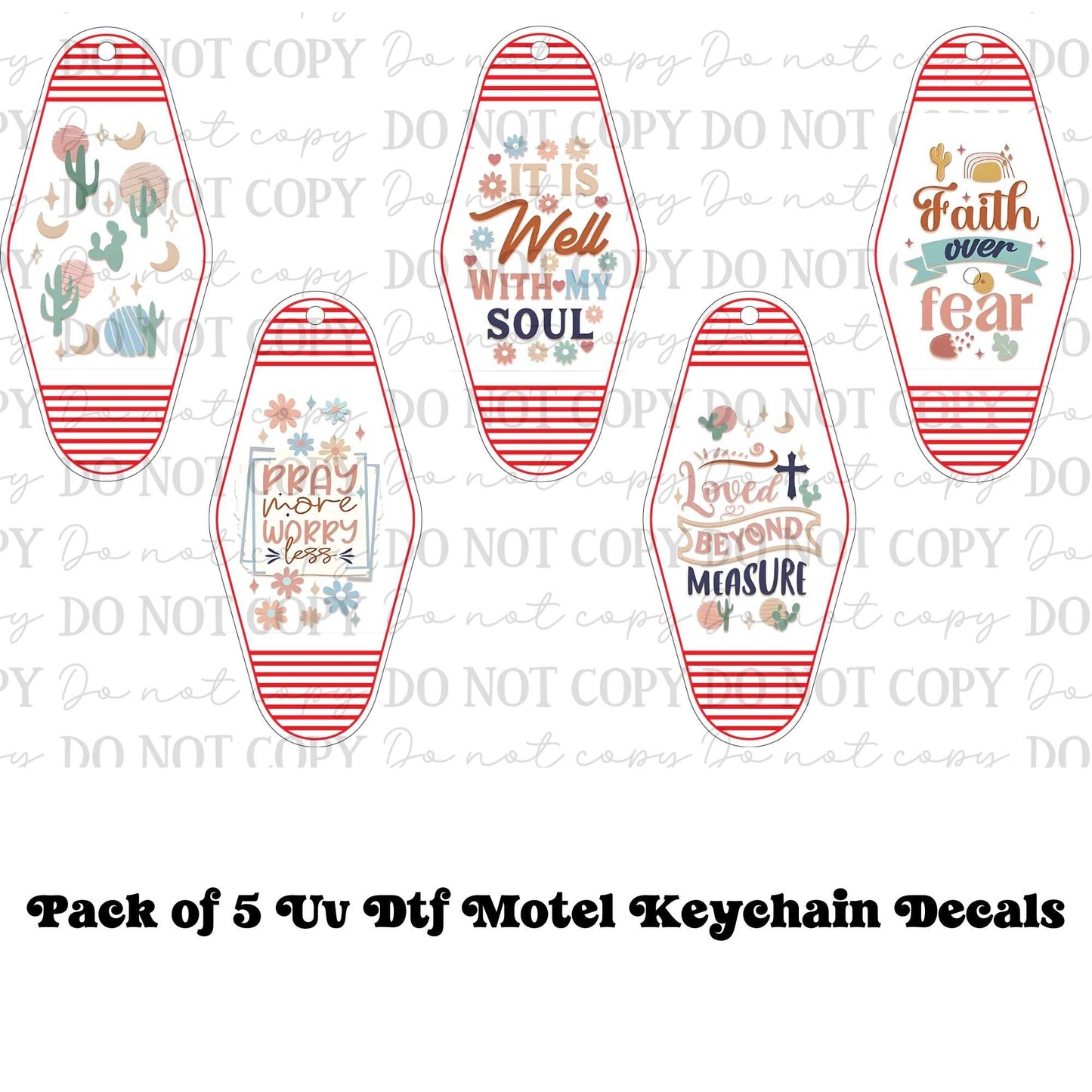 Faith Based Boho Motel Keychain UV DTF Decal Set – Pack of 5
