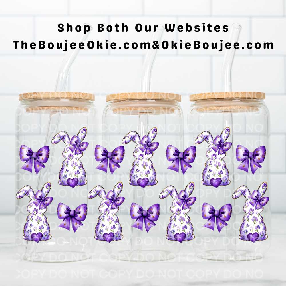 Easter Bunny Purple Florals & Bows UV DTF Double-Sided Wrap – 16oz Glass Can & Tumbler Design