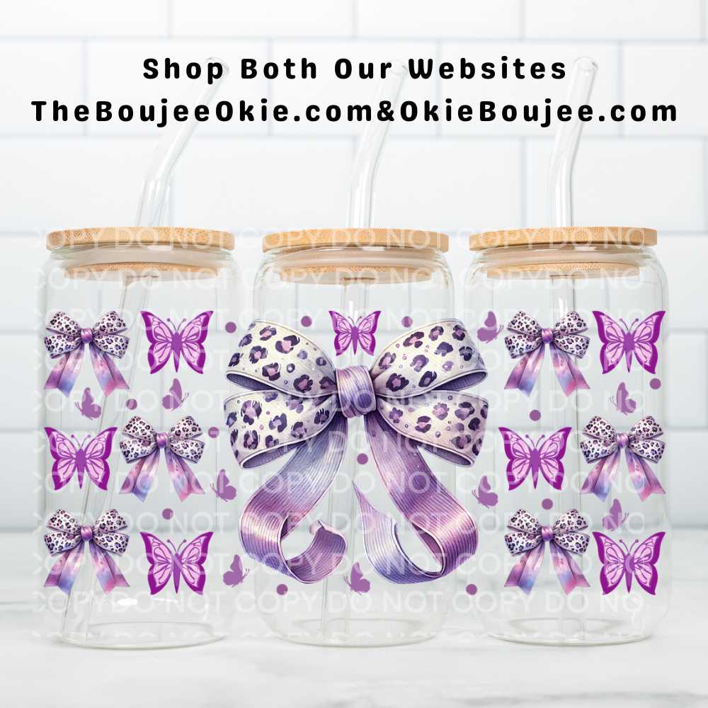 Purple Leopard Bows & Butterflies UV DTF Wrap Or Elements & Clip Art Sheet – Double Sided Cup Wrap Size