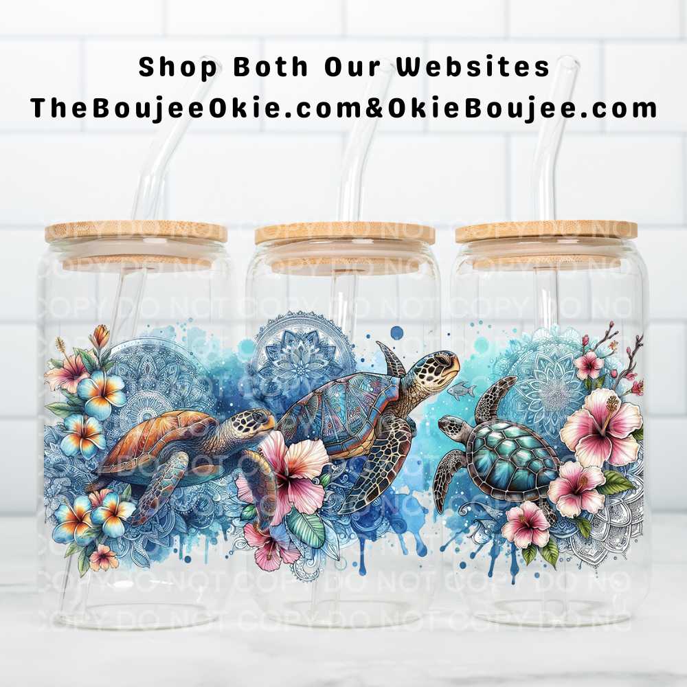 Sea Turtles UV DTF Double-Sided Wrap – 16oz Glass Can & Tumbler Design