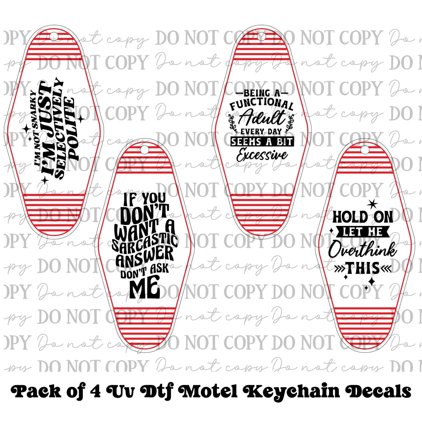 Funny & Sarcastic Motel Keychain UV DTF Decal Set – Pack of 4