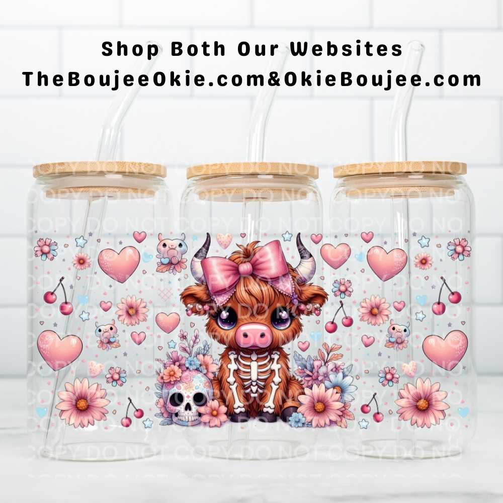 Valentine Skelly Highland Cow UV DTF Double-Sided Wrap – 16oz Glass Can & Tumbler Design