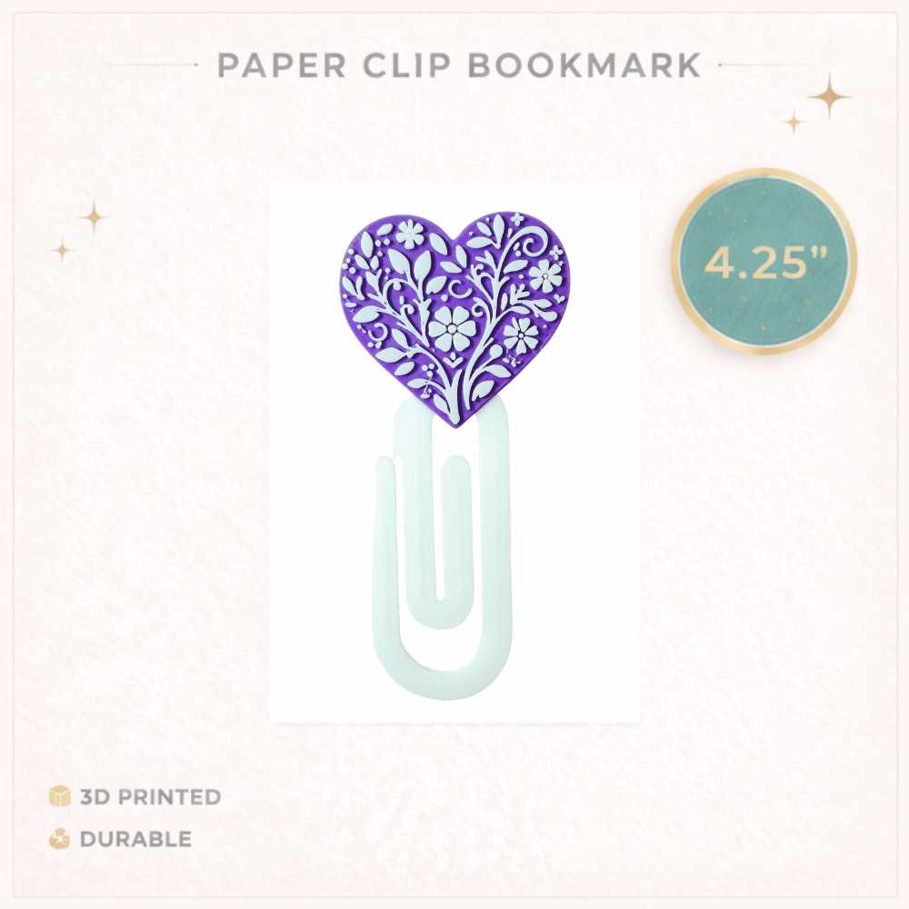 Talavera Purple Heart Cute 3D Printed Paperclip Bookmark 4.25” | Book Lover Gift | Aesthetic Bookmark Clip | Planner Accessory | Teacher Gift