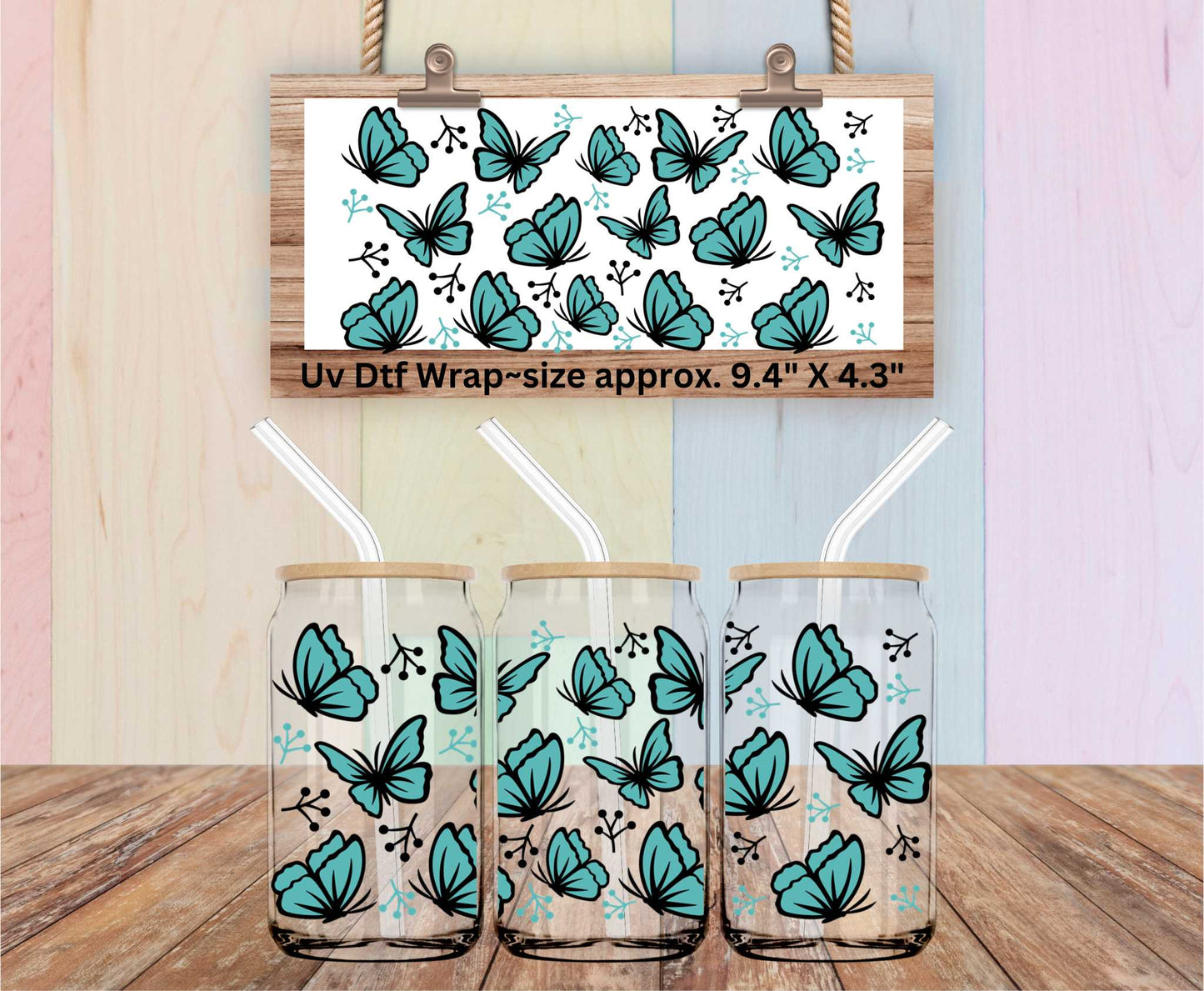 Uv Dtf Wrap Teal Butterflies | Double Sided