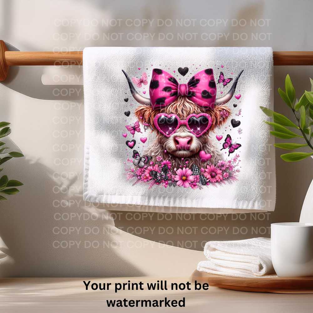 Pinky Highland Cow Towel Sublimation Print