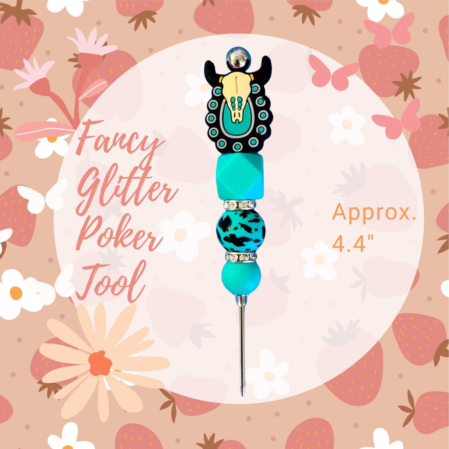 Fancy Beaded Glitter Poker Tool-Turqoise Steer Skull